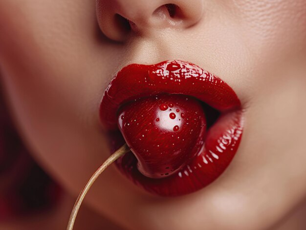 Closeup portrait of beautiful woman lips with red lipstick biting a cherry