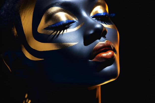 Closeup portrait of a beautiful woman with blue and yellow makeup Beauty fashion