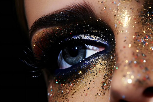 Photo closeup portrait of beautiful woman with bright makeup and sparkles