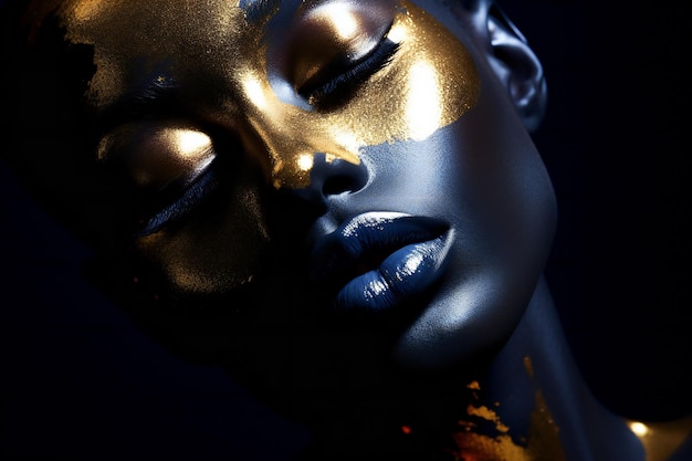 Closeup portrait of a beautiful woman with golden bodyart on her face