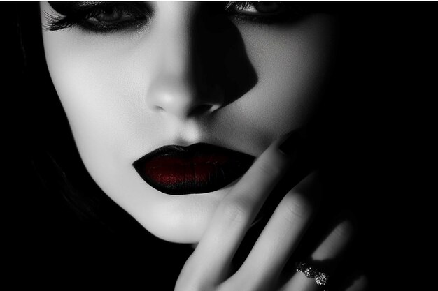 Closeup portrait of a beautiful woman with red lips and manicured nails