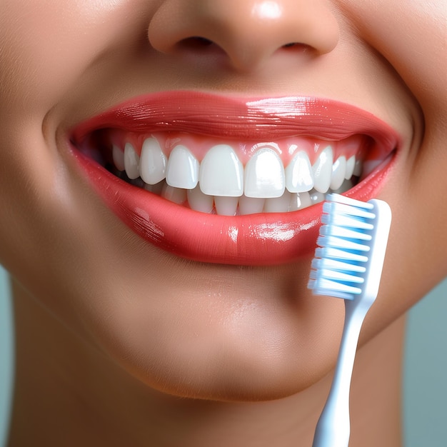 Foto ritratto in primo piano di una bella donna con uno spazzolino da denti concetto di sbiancamento dei denti