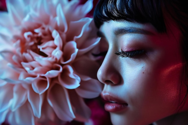 Photo closeup portrait of beautiful young asian woman with bright makeup and pink flower