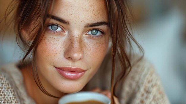 Closeup portrait of beautiful young brunette woman with coffee