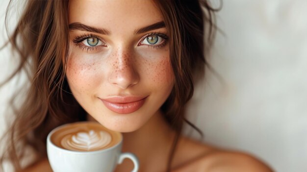 Closeup portrait of beautiful young brunette woman with coffee