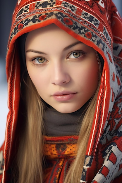 Closeup portrait of a beautiful young girl in a scarf