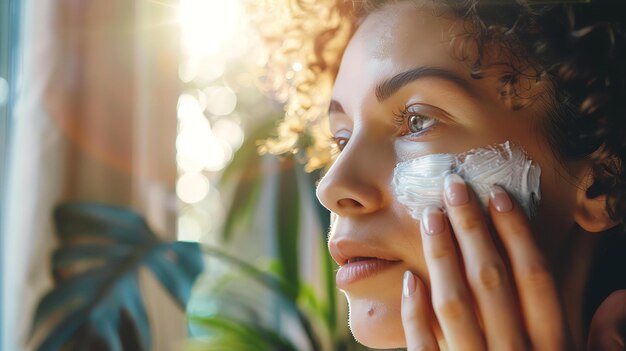 Foto ritratto da vicino di una bella giovane donna che si applica una crema bianca al viso ha i capelli ricci e una carnagione impeccabile