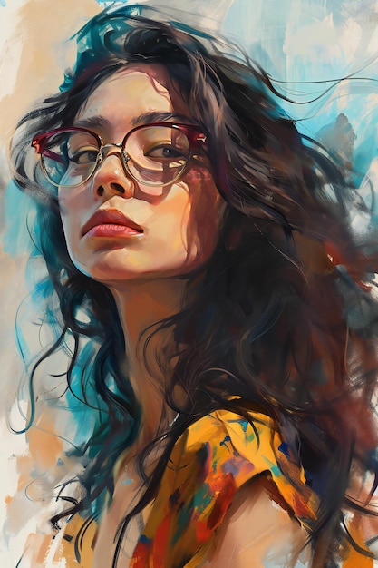 Closeup portrait of a beautiful young woman in glasses Digital painting