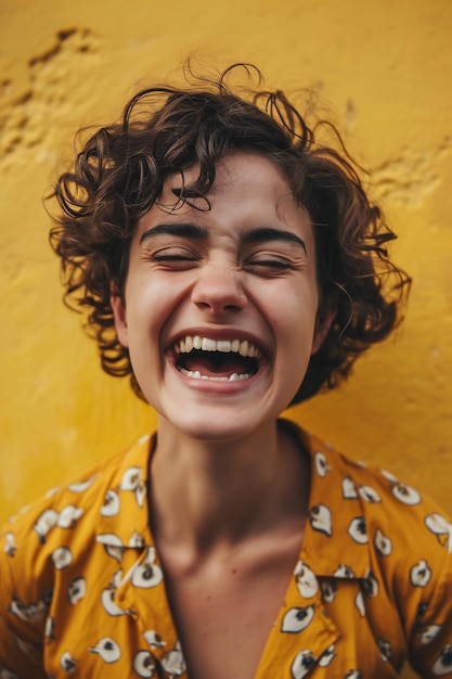 Closeup portrait of a beautiful young woman laughing against yellow wall