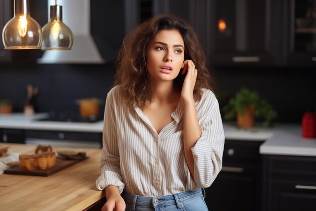 Photo a closeup of portrait of beautiful young woman looking at camera while standing in kitchen at home generative ai