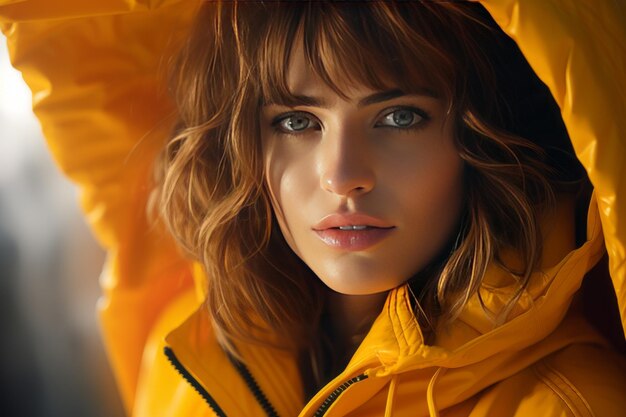 Closeup portrait of a beautiful young woman wearing a yellow raincoat with a hood during the rain