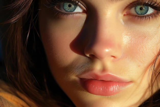 Closeup portrait of beautiful young woman with blue eyes and red lips