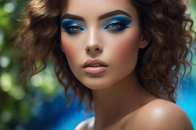 Closeup portrait of beautiful young woman with blue makeup