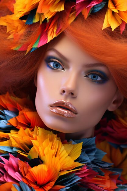 Closeup portrait of beautiful young woman with bright makeup and flowers in hair