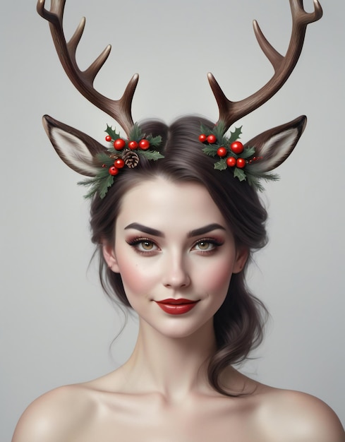 Closeup portrait of beautiful young woman with christmas deer horns on head