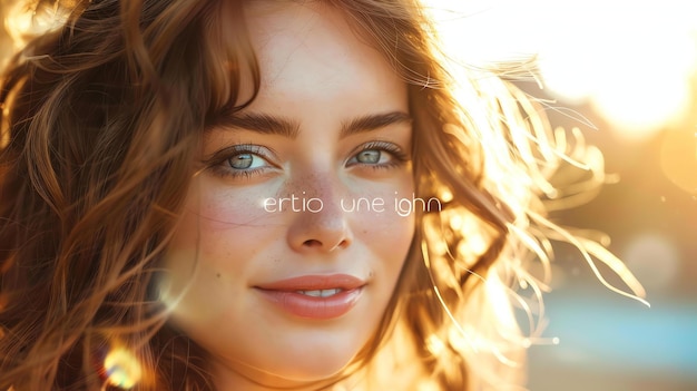 Closeup portrait of a beautiful young woman with freckles on her face and light brown hair blowing in the wind