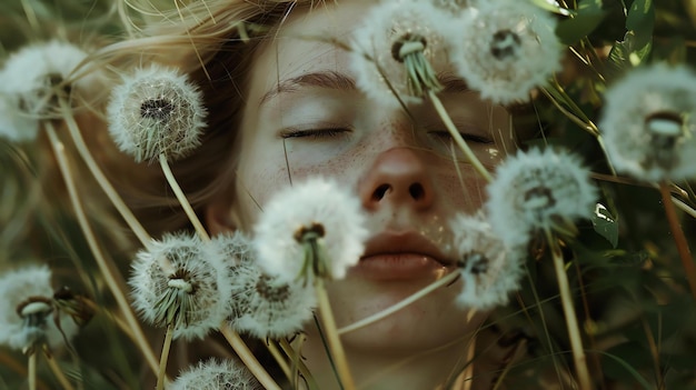 얼굴 에 얼룩 이 있는 아름다운 젊은 여자 가 눈 을 감고 사탕수수  에 누워 있는 클로즈업 초상화