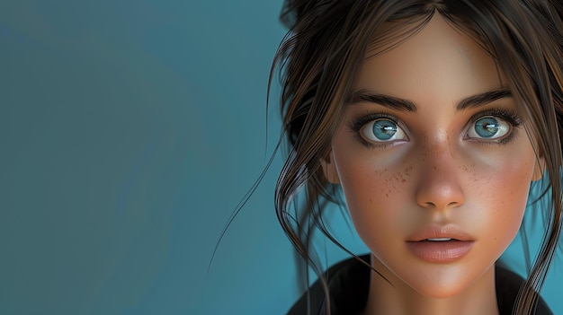 Портрет красивой молодой женщины с веснушками на лице Она имеет светло-коричневые волосы и голубые глаза