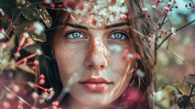 Closeup portrait of a beautiful young woman with freckles on her face She is surrounded by green leaves and white flowers