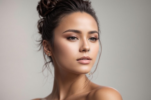 A closeup portrait of a beautiful young woman with glowing flawless skin her hair pulled back in