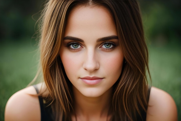 緑の目と長い茶色のの美しい若い女性のクローズアップ肖像画