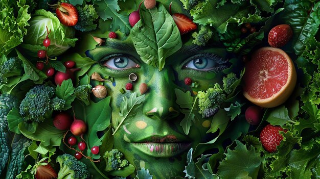 Photo closeup portrait of a beautiful young woman with green skin surrounded by fruits and vegetables