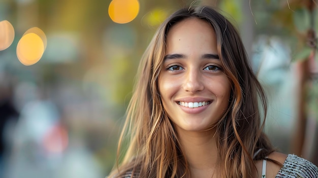 Closeup portrait of a beautiful young woman with long brown hair and a bright smile