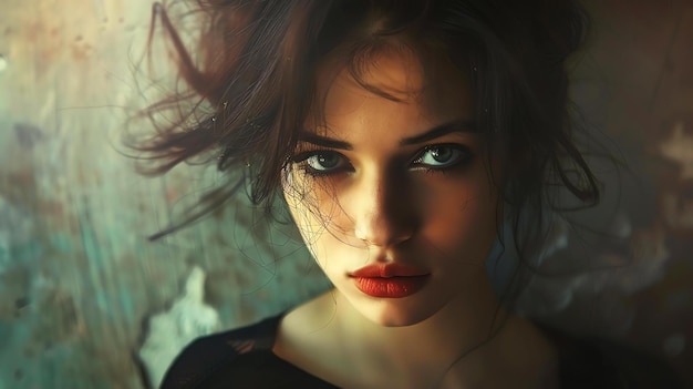 Closeup portrait of a beautiful young woman with long dark hair light eyes and red lips She is looking at the camera with a serious expression