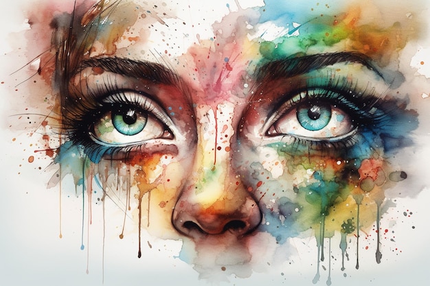 Closeup portrait of a beautiful young woman with multicolored paint splashes