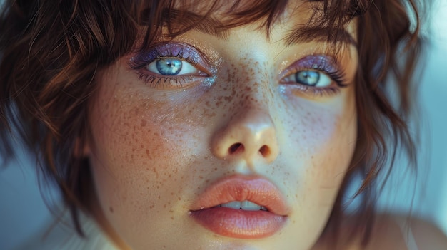 A closeup portrait of a beautiful young woman with short brown hair and dramatic purple eyeshadow and eyeliner