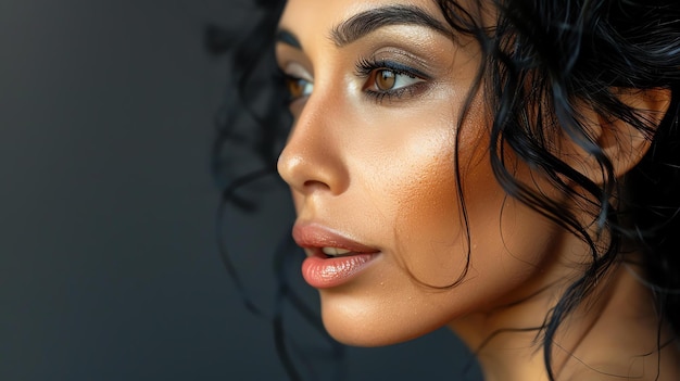 Closeup portrait of a beautiful young woman with wet hair and a shiny face She is looking away from the camera with a neutral expression