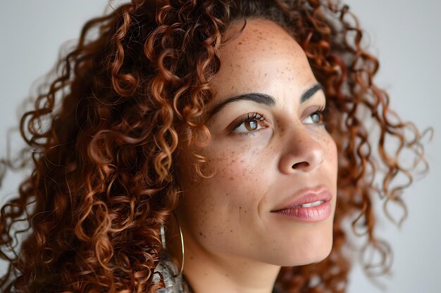 Foto ritratto in primo piano di una donna nera con i capelli bruni ricci