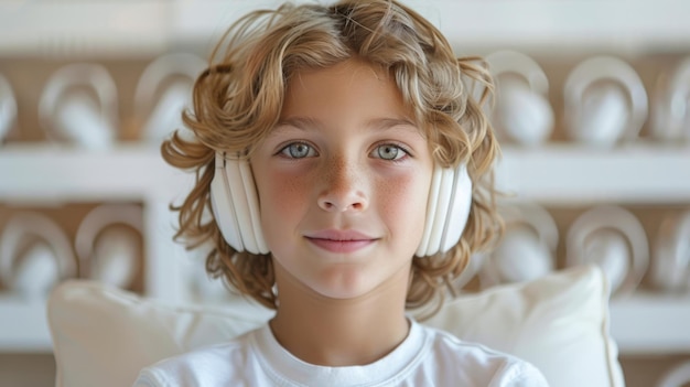 Closeup portrait of a blond boy with green eyes and long wavy hair wearing headphones