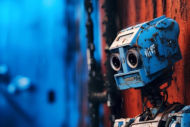 赤い壁の映画のような青いロボットのクローズ アップの肖像画は AI によって生成されます