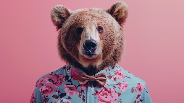 Photo closeup portrait of a brown bear in a floral shirt and bow tie on a pink background the bear is looking at the camera with a serious expression