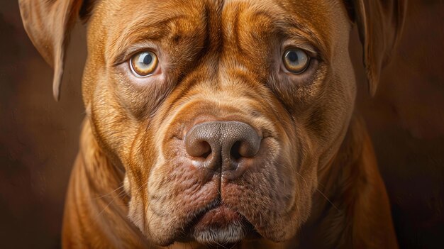 A closeup portrait of a brown dog with big round yellow eyes looking at the camera with a serious expression