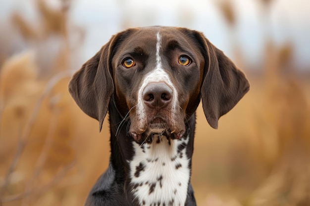 Крупный портрет коричнево-белой собаки-указателя с душевными глазами в естественной обстановке
