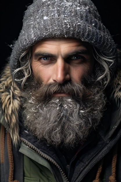 Photo closeup portrait of a brutal caucasian hipster with long beard mustache and moustache in winter cl