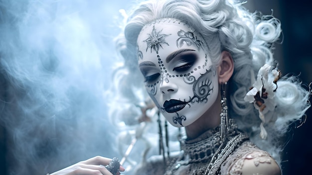 Closeup portrait of Calavera Catrina young woman with halloween sugar skull makeup Dia de los muertos Day of The Dead
