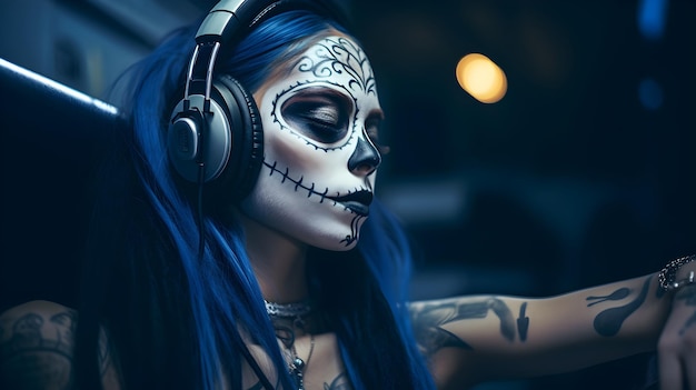 Photo closeup portrait of calavera catrina young woman with halloween sugar skull makeup dia de los muertos day of the dead