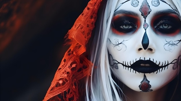 Closeup portrait of Calavera Catrina young woman with halloween sugar skull makeup Dia de los muertos Day of The Dead