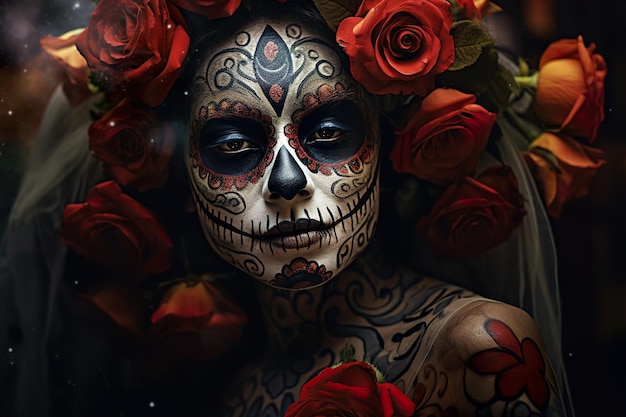 Closeup portrait of calavera catrina young woman with sugar skull makeup day of the dead