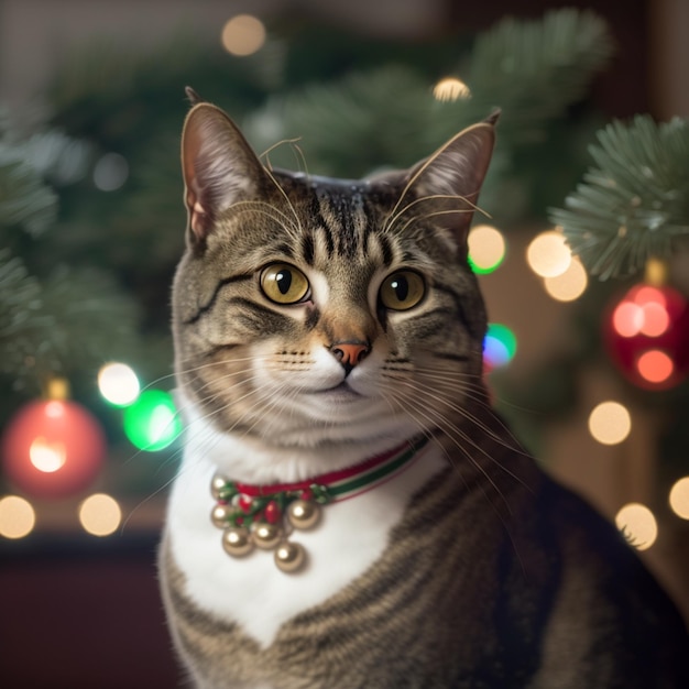 Closeup portrait of a cat room in christmas decoration