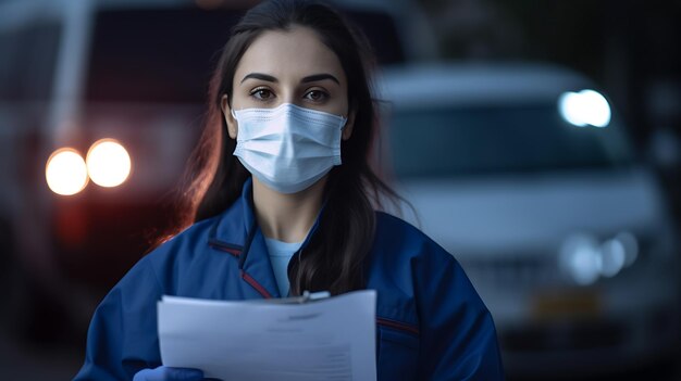 Closeup portrait of a caucasian female nurse working in the emergency room stands against the hospitalreated with Generative AI technology