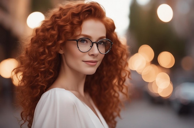 Photo closeup portrait of cheerful curly ginger woman in glasses on blur bokeh background photo of fashi