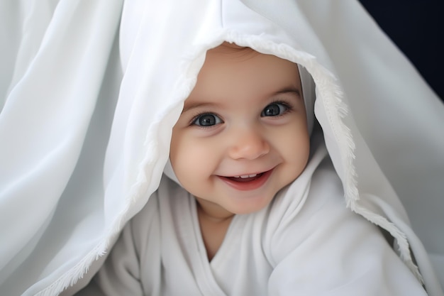 Крупный портрет ребенка с голубыми глазами в капюшоне, сладко улыбающегося