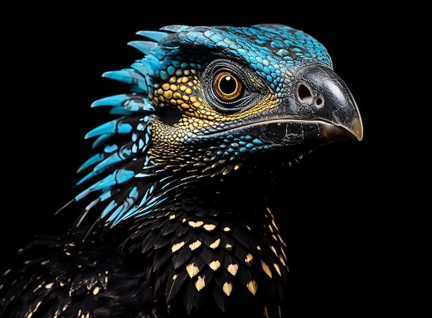 Closeup Portrait of a colorful parrot in blue and golden feathers