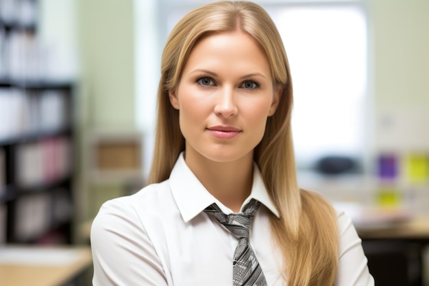 Closeup portrait of a confident female teacher standing in her classroom created with generative ai