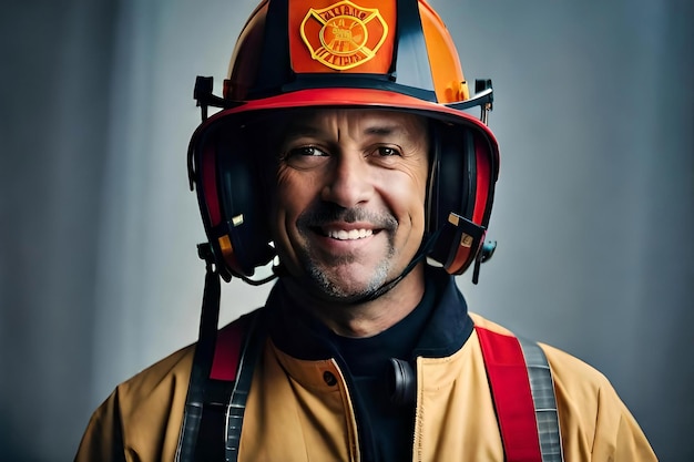 Closeup portrait of a content middleaged firefighter wearing a firefighting suit