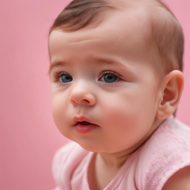 Closeup portrait of a cute baby girl on a pink background